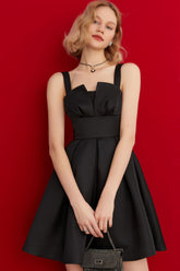 Seidiges Satin-Straps-Plissee-Fit & Flare-Party-Minikleid - Schwarz